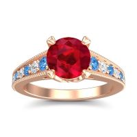 Lab Ruby Engagement Ring In 14K Rose Gold With Swiss Blue Topaz And Diamond - Sara Round Antique Ring