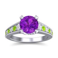 Amethyst Ring In 18k White Gold With Lab Diamond And Peridot Sara Round Antique Ring