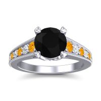 Black Onyx Ring In 18k White Gold With Citrine And Lab Diamond Sara Round Antique Ring