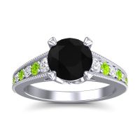Black Onyx Ring In 18k White Gold With Lab Diamond And Peridot Sara Round Antique Ring
