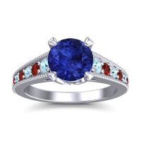 Lab Blue Sapphire Ring In 18k White Gold With Aquamarine And Garnet Sara Round Antique Ring