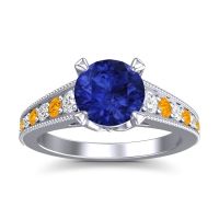 Lab Blue Sapphire Ring In 18k White Gold With Lab Diamond And Citrine Sara Round Antique Ring