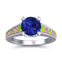 Lab Blue Sapphire Ring In 14k White Gold With Peridot And Pink Tourmaline Sara Round Antique Ring