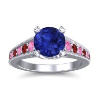 Lab Blue Sapphire Ring In 14k White Gold With Pink Tourmaline And Garnet Sara Round Antique Ring
