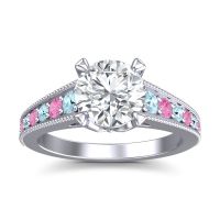 Lab Diamond Ring In 14k White Gold With Aquamarine And Pink Tourmaline Sara Round Antique Ring