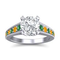 Lab Diamond Ring In 18k White Gold With Emerald And Citrine Sara Round Antique Ring