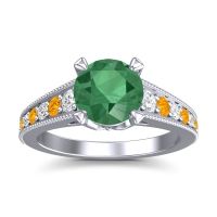 Emerald Ring In 18k White Gold With Diamond And Citrine Sara Round Antique Ring