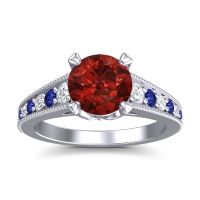 Garnet Ring In 14k White Gold With Lab Diamond And Blue Sapphire Sara Round Antique Ring
