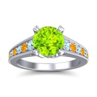 Peridot Ring In 14k White Gold With Aquamarine And Citrine Sara Round Antique Ring