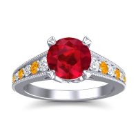 Lab Ruby Ring In 18k White Gold With Diamond And Citrine Sara Round Antique Ring