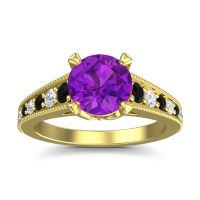 Amethyst Engagement Ring In 14k Yellow Gold With Black Onyx And Diamond - Sara Round Antique Ring