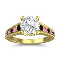 Lab Diamond Ring In 14k Yellow Gold With Black Onyx And Pink Tourmaline Sara Round Antique Ring