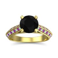 Black Onyx Ring In 14k Yellow Gold With Aquamarine And Amethyst Zekhara Round Classic Ring