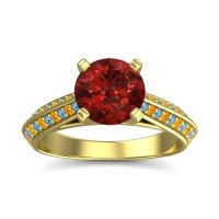 Garnet Ring In 14k Yellow Gold With Swiss Blue Topaz And Citrine Zekhara Round Classic Ring