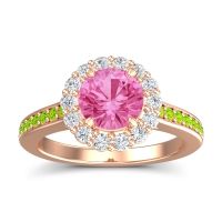 Pink Tourmaline Ring In 14K Rose Gold With Diamond And Peridot Vikasin Round Halo Ring