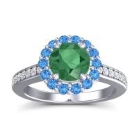 Emerald Engagement Ring In 14k White Gold With Swiss Blue Topaz And Diamond - Vikasin Round Halo Ring
