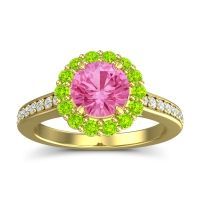 Pink Tourmaline Engagement Ring In 14k Yellow Gold With Peridot And Diamond - Vikasin Round Halo Ring