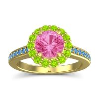 Pink Tourmaline Ring In 14k Yellow Gold With Peridot And Swiss Blue Topaz Vikasin Round Halo Ring