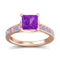 Amethyst Ring In 14K Rose Gold With Pink Tourmaline And Swiss Blue Topaz Jala Princess Classic Ring