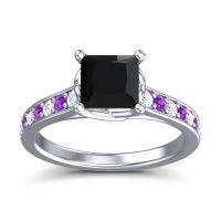 Black Onyx Ring In 14k White Gold With Diamond And Amethyst Jala Princess Classic Ring