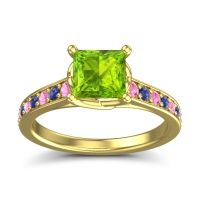 Peridot Ring In 14k Yellow Gold With Pink Tourmaline And Blue Sapphire Jala Princess Classic Ring