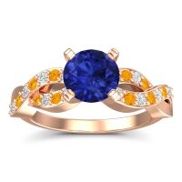 Lab Blue Sapphire Ring In 14K Rose Gold With Diamond And Citrine Kamini Round Modern Ring