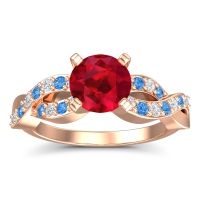 Ruby Ring In 18K Rose Gold With Lab Diamond And Swiss Blue Topaz Kamini Round Modern Ring