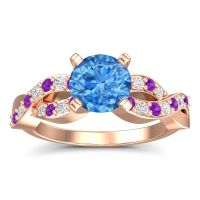 Swiss Blue Topaz Ring In 18K Rose Gold With Amethyst And Lab Diamond Kamini Round Modern Ring