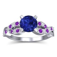 Lab Blue Sapphire Ring In Palladium With Lab Diamond And Amethyst Kamini Round Modern Ring