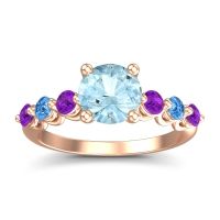 Aquamarine Ring In 18K Rose Gold With Amethyst And Swiss Blue Topaz Kirita Round Classic Ring