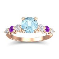 Aquamarine Ring In 14K Rose Gold With Lab Diamond And Amethyst Kirita Round Classic Ring