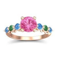 Pink Tourmaline Ring In 14K Rose Gold With Swiss Blue Topaz And Emerald Kirita Round Classic Ring