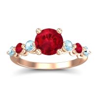 Lab Ruby Ring In 14K Rose Gold With Aquamarine And Ruby Kirita Round Classic Ring