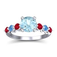 Aquamarine Ring In Platinum With Ruby And Swiss Blue Topaz Kirita Round Classic Ring