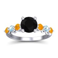 Black Onyx Ring In Palladium With Citrine And Aquamarine Kirita Round Classic Ring