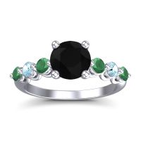 Black Onyx Ring In Palladium With Emerald And Aquamarine Kirita Round Classic Ring
