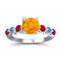 Citrine Ring In Platinum With Ruby And Swiss Blue Topaz Kirita Round Classic Ring