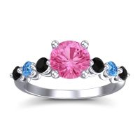 Pink Tourmaline Ring In 14k White Gold With Black Onyx And Swiss Blue Topaz Kirita Round Classic Ring