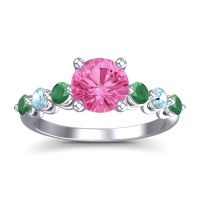 Pink Tourmaline Ring In Platinum With Emerald And Aquamarine Kirita Round Classic Ring