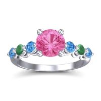 Pink Tourmaline Ring In Palladium With Swiss Blue Topaz And Emerald Kirita Round Classic Ring