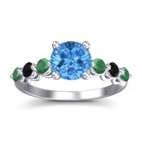 Swiss Blue Topaz Ring In 18k White Gold With Emerald And Black Onyx Kirita Round Classic Ring