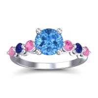 Swiss Blue Topaz Ring In Palladium With Pink Tourmaline And Blue Sapphire Kirita Round Classic Ring