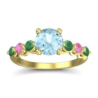 Aquamarine Ring In 14k Yellow Gold With Emerald And Pink Tourmaline Kirita Round Classic Ring