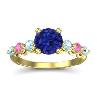 Lab Blue Sapphire Ring In 14k Yellow Gold With Aquamarine And Pink Tourmaline Kirita Round Classic Ring