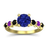 Lab Blue Sapphire Ring In 14k Yellow Gold With Black Onyx And Amethyst Kirita Round Classic Ring