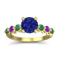 Lab Blue Sapphire Ring In 18k Yellow Gold With Emerald And Amethyst Kirita Round Classic Ring