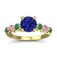 Lab Blue Sapphire Ring In 14k Yellow Gold With Emerald And Pink Tourmaline Kirita Round Classic Ring