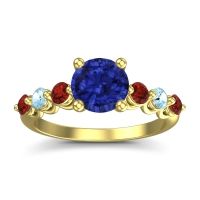 Blue Sapphire Ring In 14k Yellow Gold With Garnet And Aquamarine Kirita Round Classic Ring