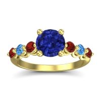 Lab Blue Sapphire Ring In 14k Yellow Gold With Garnet And Swiss Blue Topaz Kirita Round Classic Ring