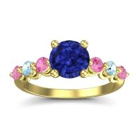 Lab Blue Sapphire Ring In 18k Yellow Gold With Pink Tourmaline And Aquamarine Kirita Round Classic Ring